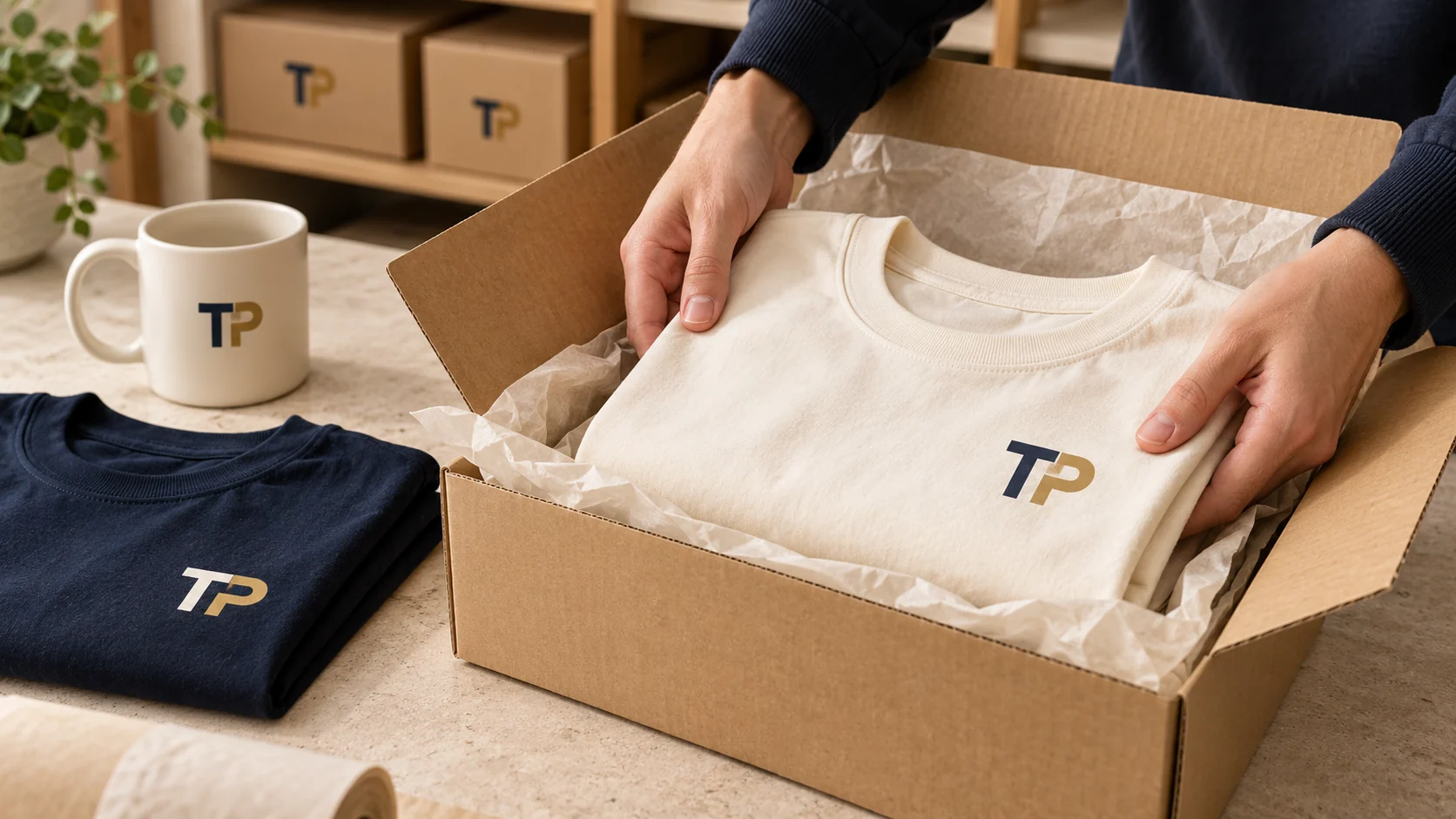 Illustratives Fulfillment-Motiv: bedruckte Textilien und eine Tasse am Packplatz, Lagerkartons im Hintergrund.